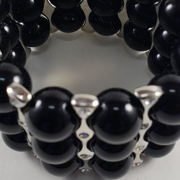 Silver Multi-Row Black Beaded Bracelet – Sparkling Crystal Statement Jewelry - Picture 6 of 7
